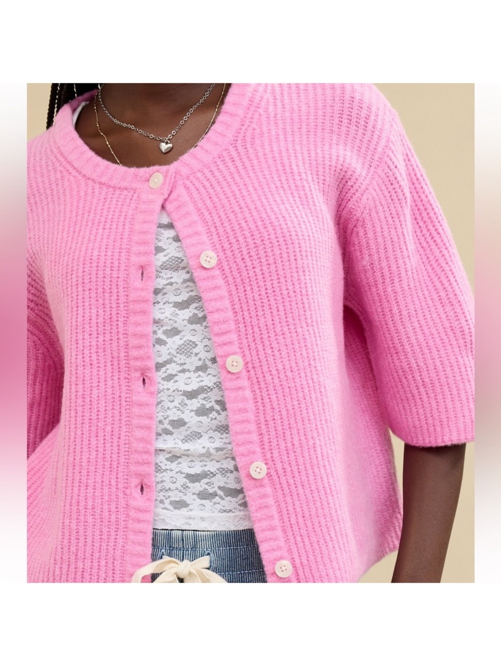 NWT Aerie unREAL Short Sleeve Cardigan Pink Raspberry Size Medium - Picture 2 of 9
